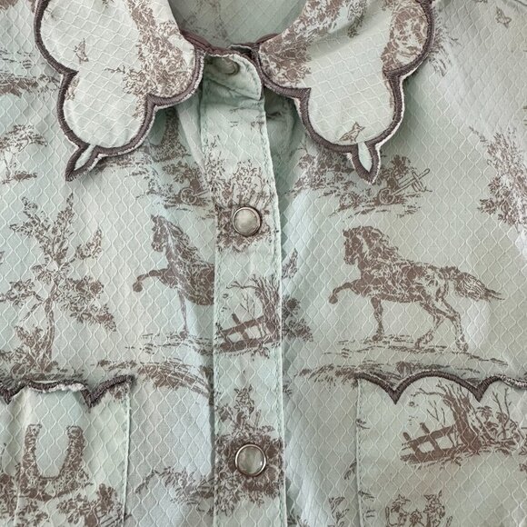 Aura equine western print scallop collar sleeveless pearl snaps Top Size M - Picture 6 of 6